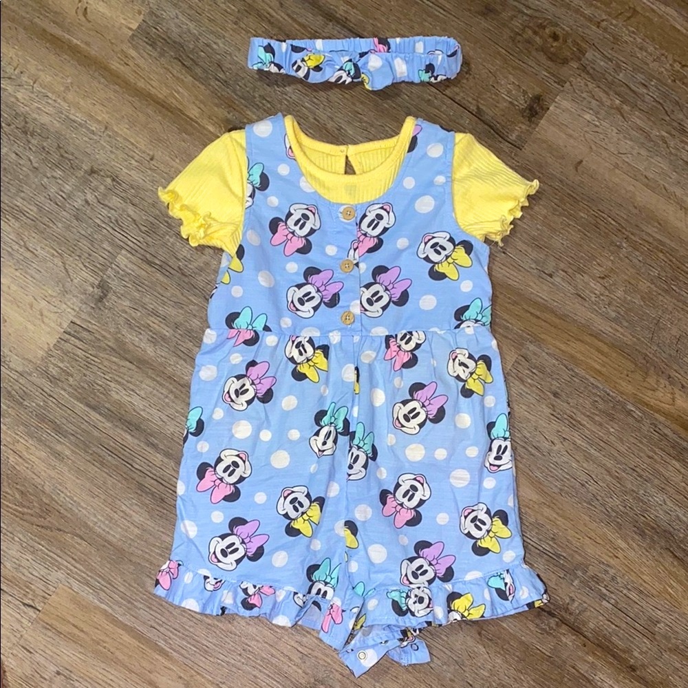 Disney Baby Blue Minnie Mouse Romper & Yellow Shirt with Headband 24M NWOT